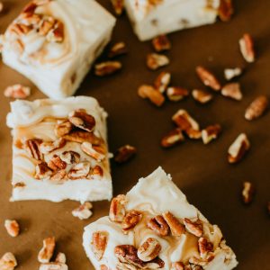 chewy praline with nuts and caramel in it