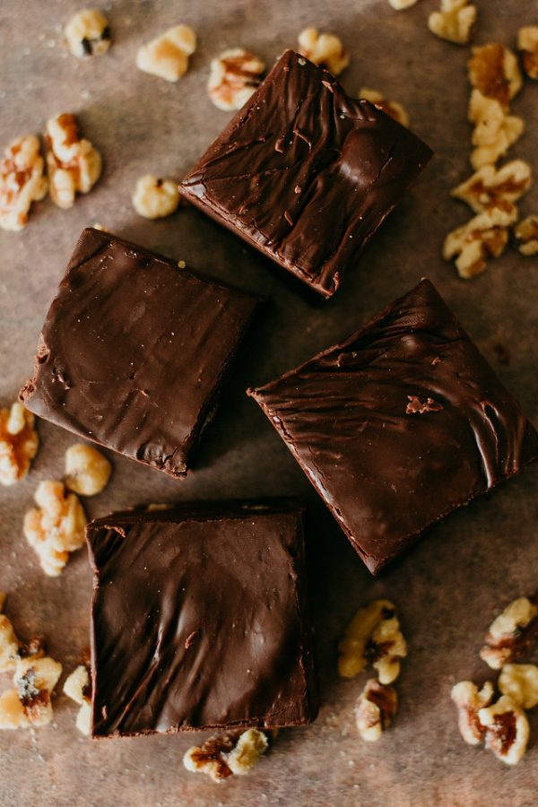 chocolate nut fudge with walnuts embedded in it
