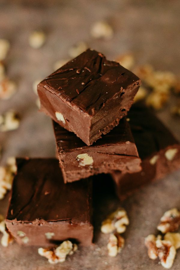 chocolate nut with walnuts embedded in it
