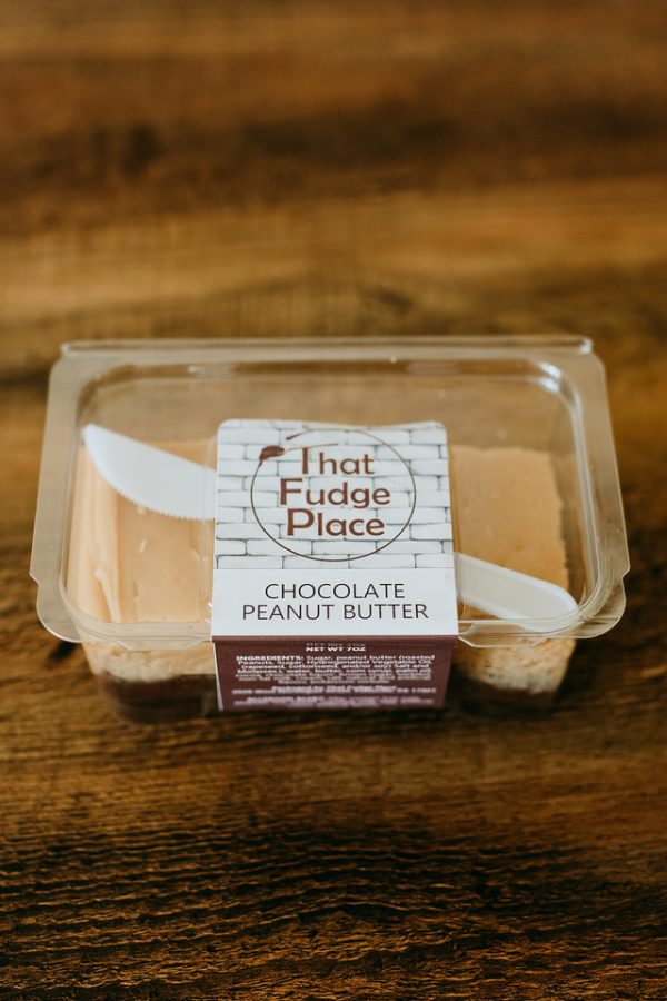 chocolate peanut butter flavor fudge in a clam