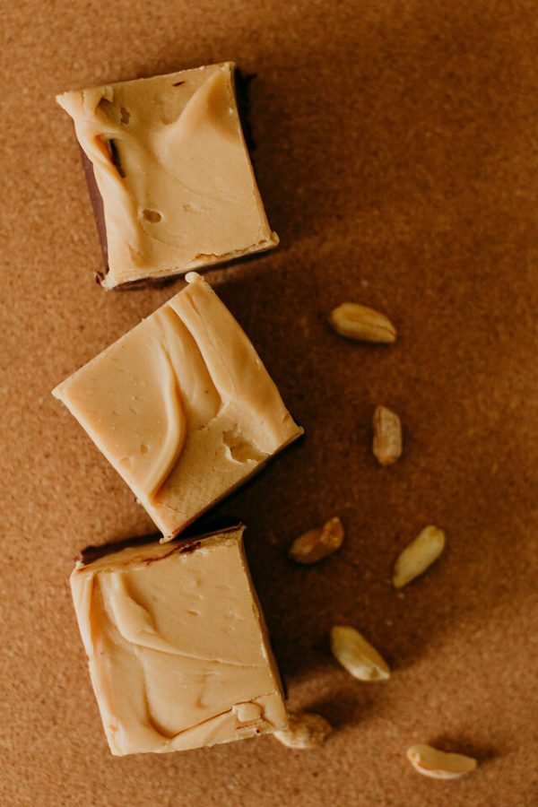 chocolate peanut butter fudge with peanuts around it