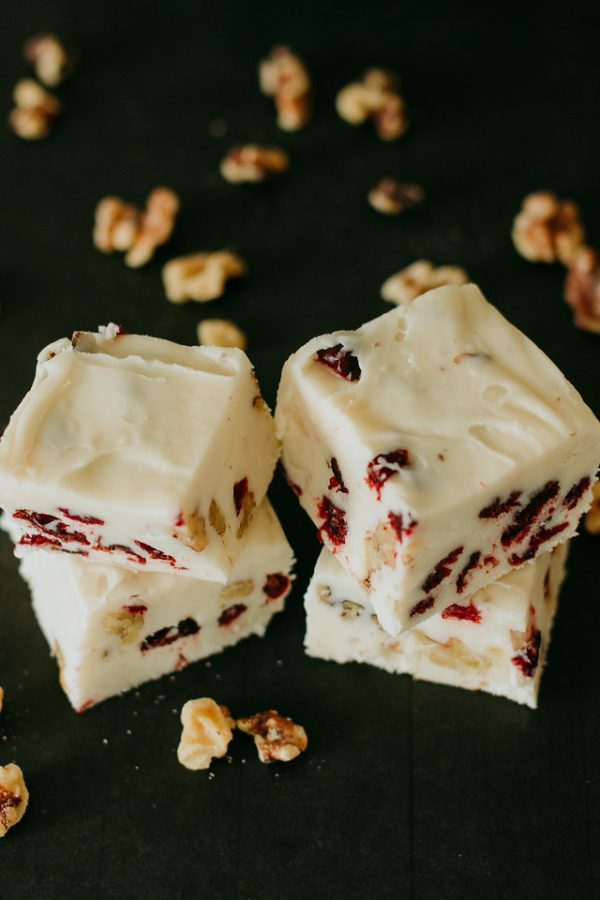 cranberry walnut fudge sliced to see the cranberries and walnuts embedded in it