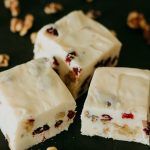 cranberry walnut fudge sliced to see the cranberries and walnuts embedded in it