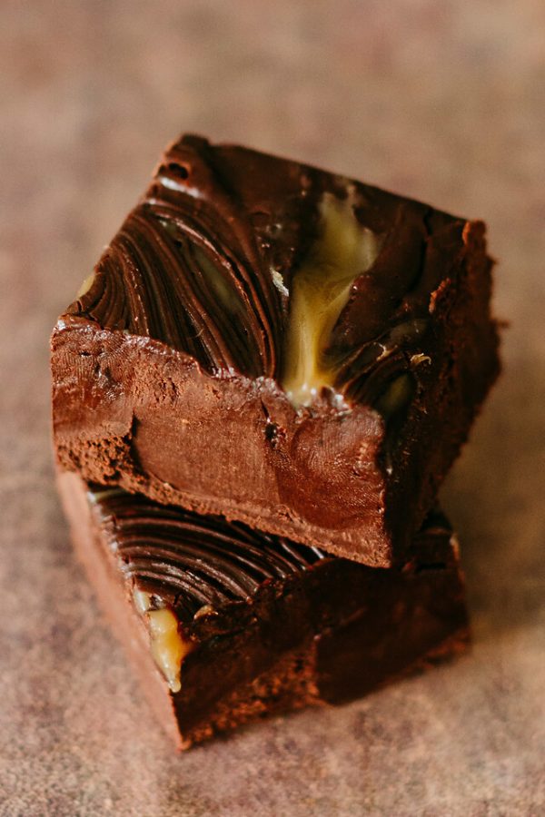 Dark Chocolate Sea Salt Caramel fudge slices