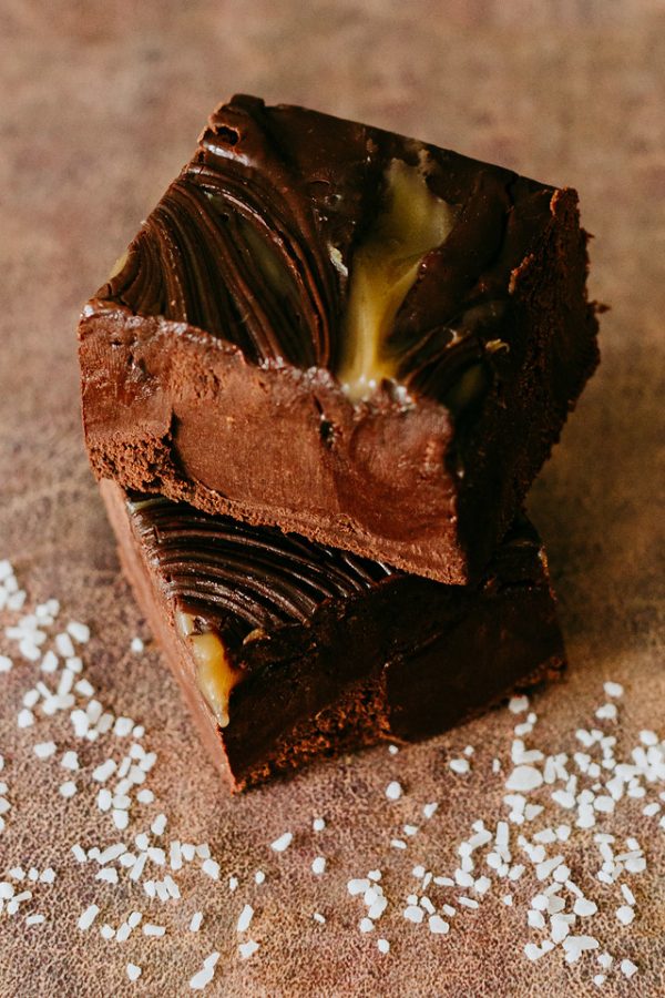 Dark Chocolate Sea Salt Caramel fudge slices