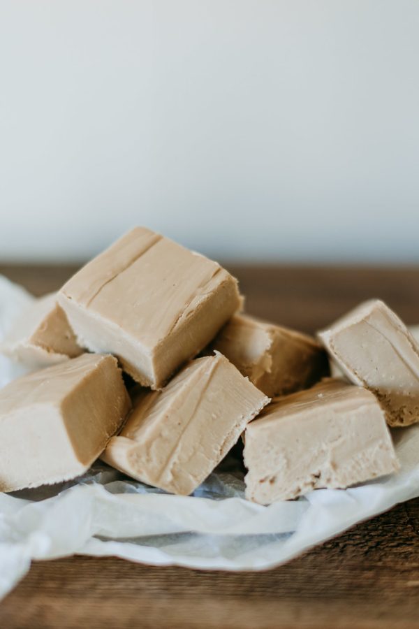 pile of maple fudge on a sheet