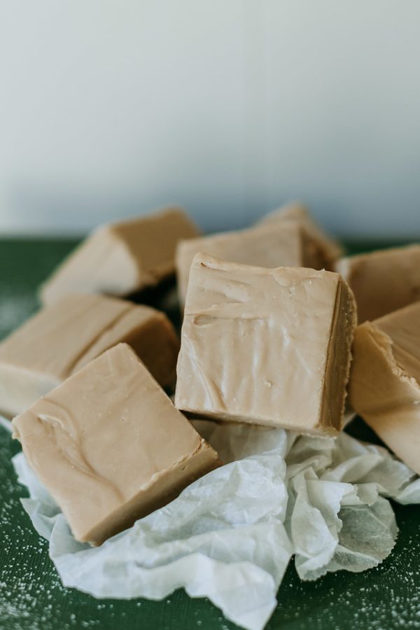 pile of maple fudge on a sheet