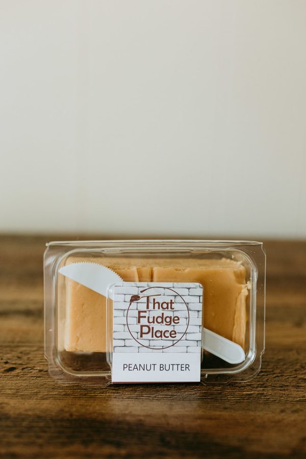 clam of peanut butter fudge sitting on it's side to face the camera