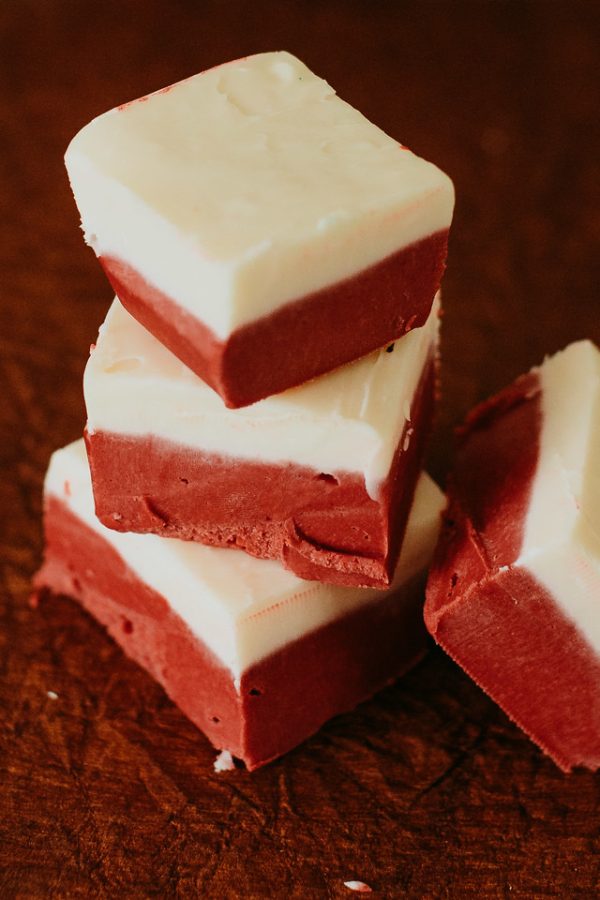 stack of red velvet fudge squares