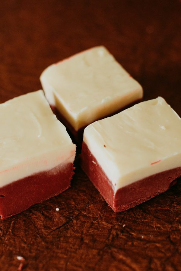three red velvet fudge squares