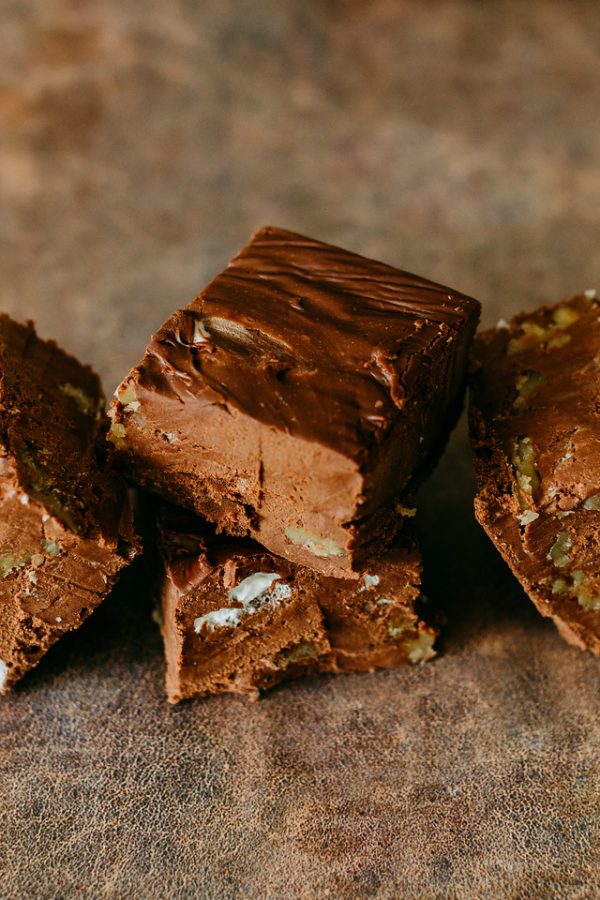 squares of rocky road fudge arranged in a wall
