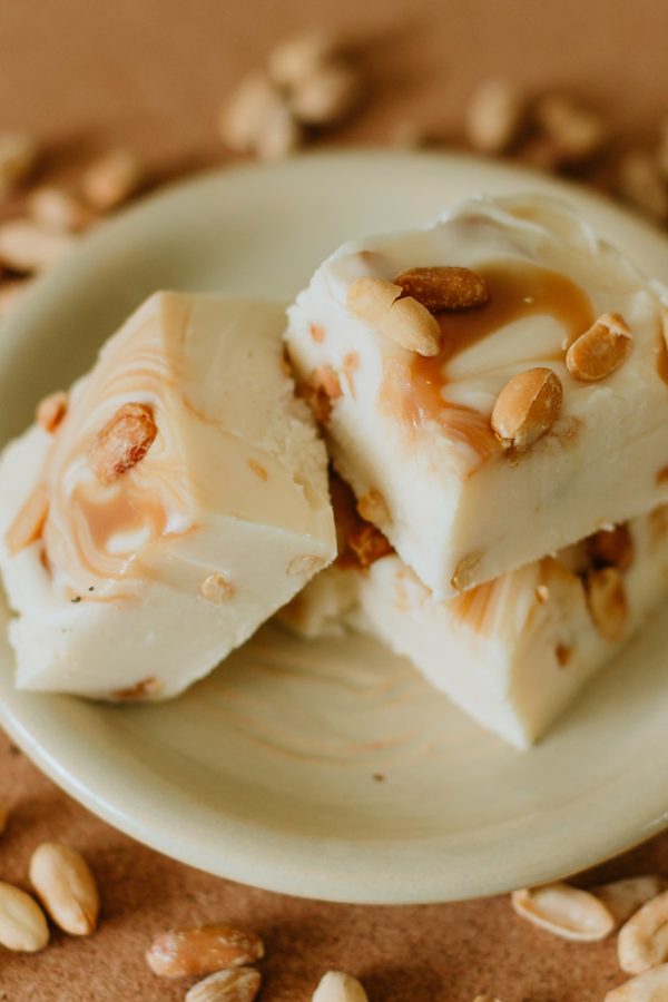 plate of squares of salt nut roll fudge