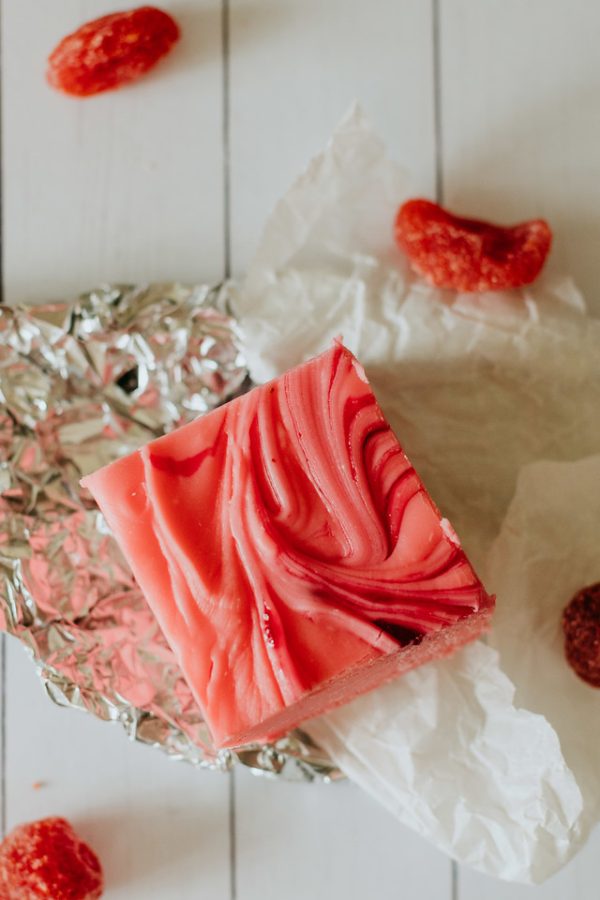 square of strawberry and cream fudge on wrapping