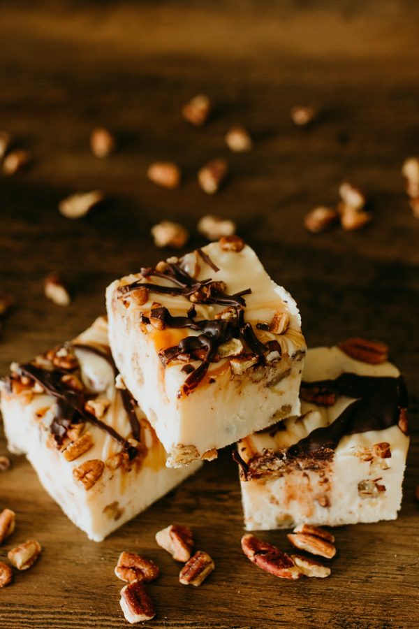 closeup on turtle cheesecake fudge
