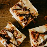 square version of closeup on turtle cheesecake fudge