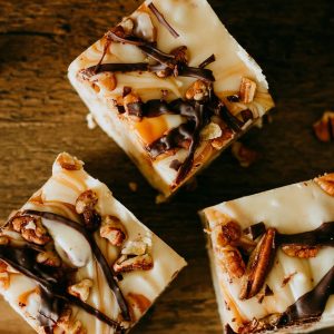 square version of closeup on turtle cheesecake fudge