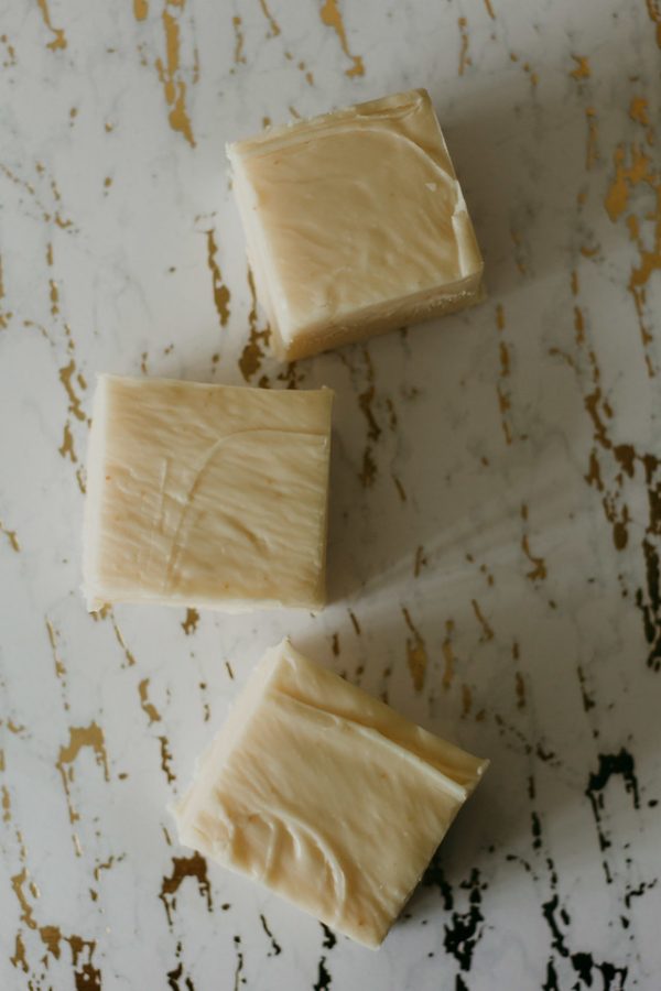 vanilla fudge in a row on a marble counter